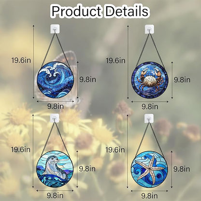 DASTOLL Stained Glass Window Hanging 4 Pcs Set Blue Ocean Waves 9.8" - Starfish Crab Seal Suncatcher Door Garden Sun Catcher Decor Birthday for Mom Woman Nana Men Friend