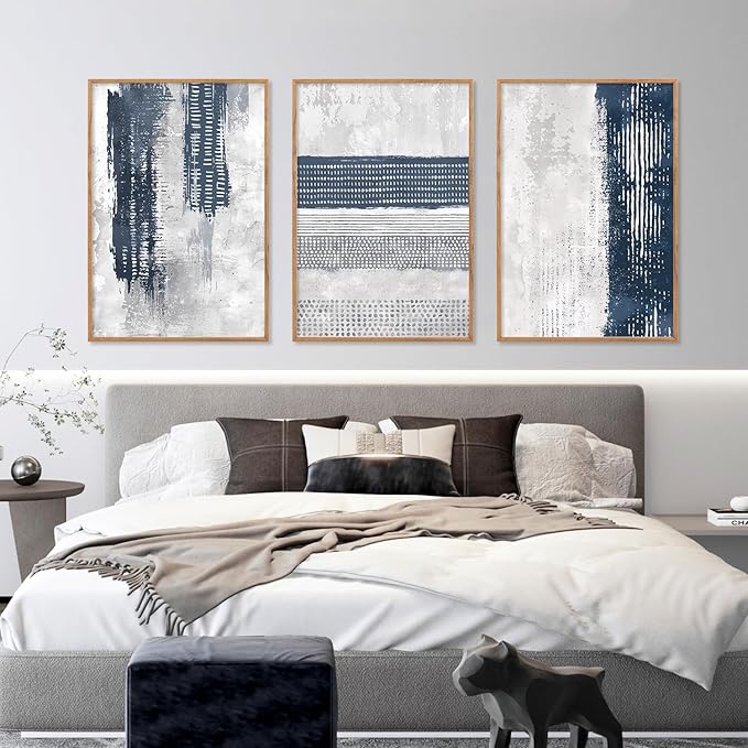 HLNIUC Navy Blue Abstract Framed Wall Art Set, Neutral Minimalist Canvas Wall Decor, Mid Century Modern Wall Painting, Grey Geometric Art Print for Living Room, Bedroom, Office - 16"x24"x3