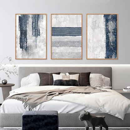 HLNIUC Navy Blue Abstract Framed Wall Art Set, Neutral Minimalist Canvas Wall Decor, Mid Century Modern Wall Painting, Grey Geometric Art Print for Living Room, Bedroom, Office - 24"x36"x3