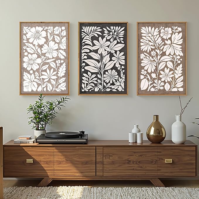 HLNIUC Black Brown Botanical Flower Wall Art Framed, Neutral Minimalist Wildflower Wall Decor set of 3 (24"x36"), Rustic Farmhouse Grey Canvas Painting, Nature Prints for Living Room, Bedroom, Office