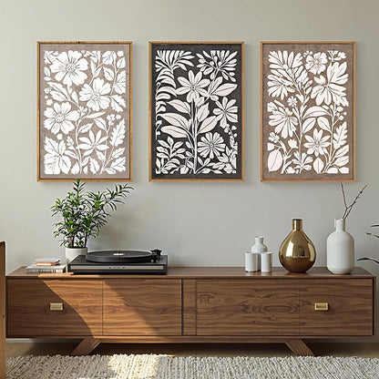 HLNIUC Black Brown Botanical Flower Wall Art Framed, Neutral Minimalist Wildflower Wall Decor set of 3 (24"x36"), Rustic Farmhouse Grey Canvas Painting, Nature Prints for Living Room, Bedroom, Office