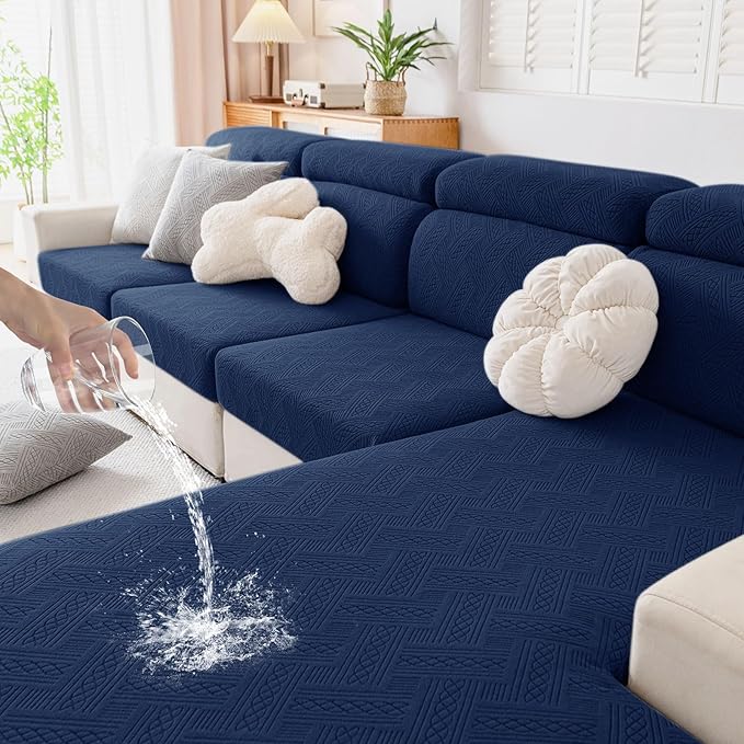 hyha Waterproof Couch Cushion Covers for Sectional Sofa, Sofa Slipcover Washable, Sectional Chaise Lounge Couch Covers L Shape for Pets with Elastic Bottom(Chaise, Navy)