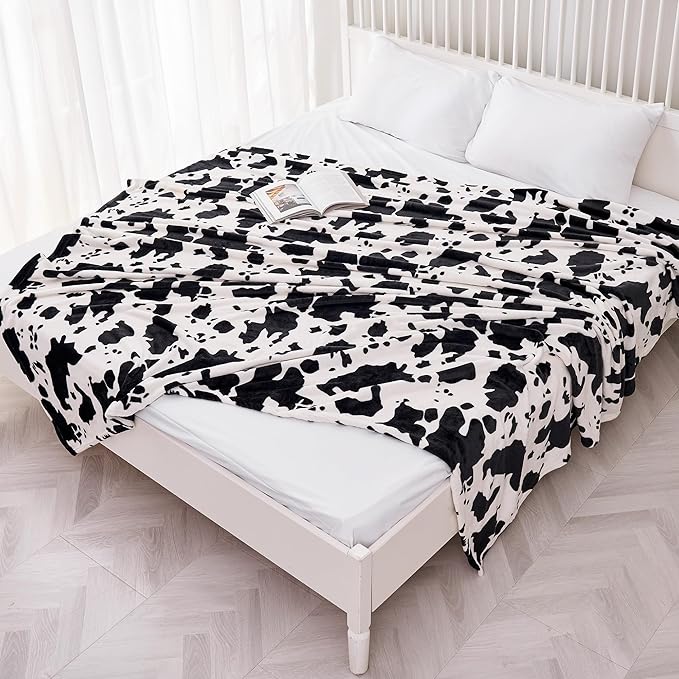 Viviland Fleece Blankets Queen Size Cow Print - 280GSM Lightweight Soft Fuzzy Cozy Plush Queen Blanket for Bed, 90x90 inches