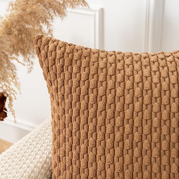 Kevin Textile Throw Pillow Covers Soft Corduroy Decorative Set of 2 Boho Striped Pillow Covers Pillowcases Farmhouse Home Decor for Couch Bed Sofa Living Room 20x20 Inch Khaki