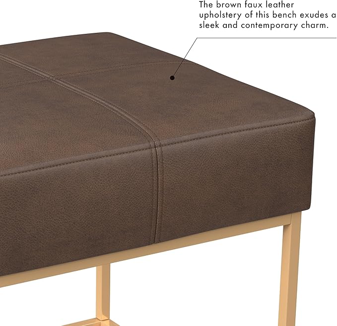 Homepop Decorative Small Square Gold Metal Ottoman | Ottoman Stool for Living Room & Bedroom | Decorative Home Furniture (Brown Faux Leather)