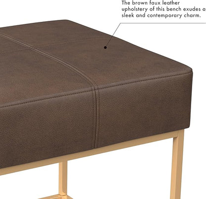 Homepop Decorative Large Square Gold Metal Ottoman | Ottoman Stool for Living Room & Bedroom | Decorative Home Furniture (Brown Faux Leather)