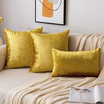 EMEMA Fall Bright Gold Velvet Throw Pillow Covers 18x18 Inch Set of 2 Decorative Square Pillowcase Soft Solid Cushion Case for Couch Sofa Bedroom Livingroom