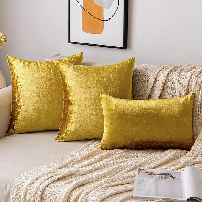 EMEMA Fall Bright Gold Velvet Throw Pillow Covers 20x20 Inch Set of 2 Decorative Square Pillowcase Soft Solid Cushion Case for Couch Sofa Bed Bedroom Livingroom