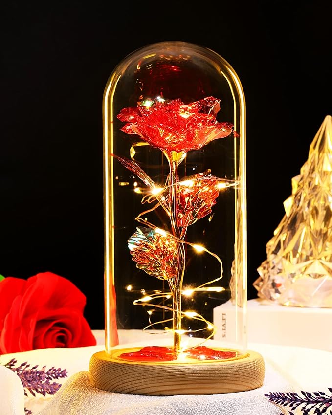 Preserved Fresh Flower in Glass Dome with LED Lights, Gold Stem Rose with Wooden Base, Romantic Home Decor Gift for Valentine's Day (A red rose as a gift for mom or a lover)