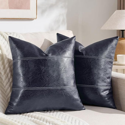 Fancy Homi 2 Packs Navy Blue Faux Leather Decorative Throw Pillow Covers 20x20 Inch for Living Room Couch Bed, Modern Farmhouse Boho Home Decor, Hand Stitched Accent Square Cushion Case 50x50 cm