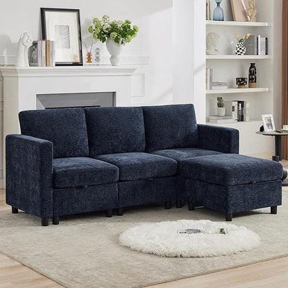 83'' Modular Sectional Sofa Convertible L Shaped Couch Set for Living Room, 4 Seat Storage Modular Sofa with Movable Ottoman, Chenille Navy