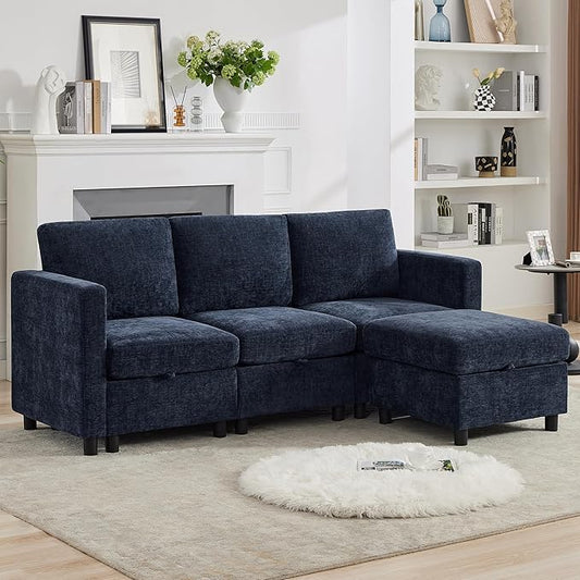 83'' Modular Sectional Sofa Convertible L Shaped Couch Set for Living Room, 4 Seat Storage Modular Sofa with Movable Ottoman, Chenille Navy