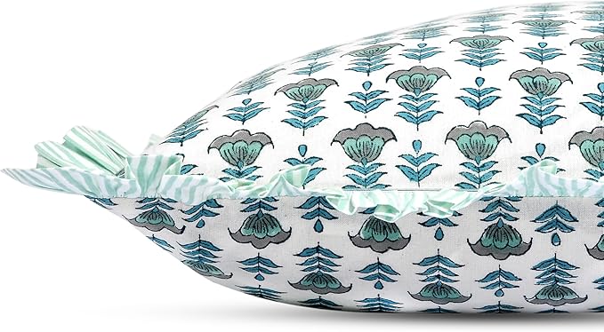 Ridhi Modern Farmhouse Pillow Covers Decorative Cotton Throw Pillow Covers Set of 2 Aquamarine Blue Cushion Covers with Ruffle for Couch Sofa Bed Living Room Spring Home Decor 16x16
