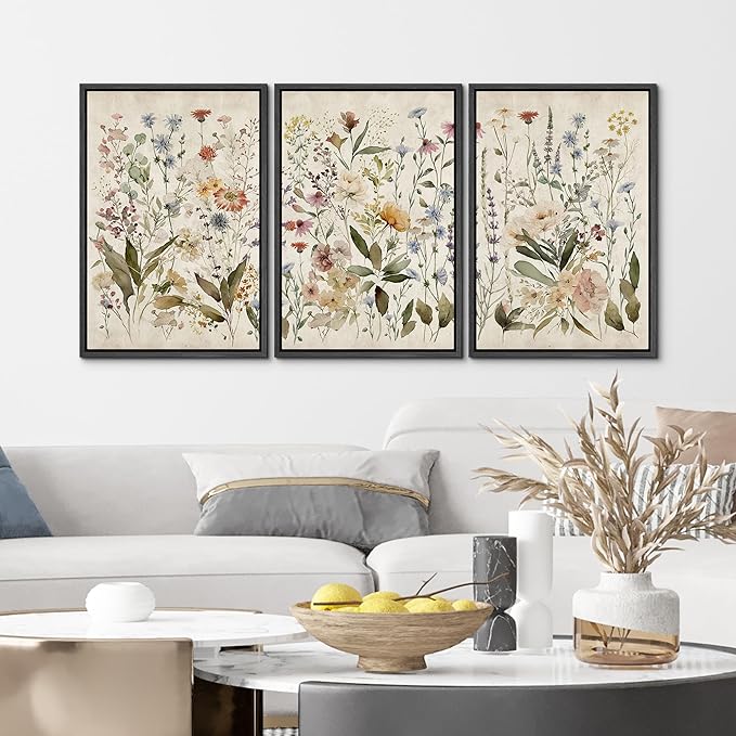 MUDECOR Framed Wall Art Print Set Blooming Wildflowers Illustrations Modern Art Decorative Colorful Chic for Living Room, Bedroom, Office - 24"x36"x3 Black
