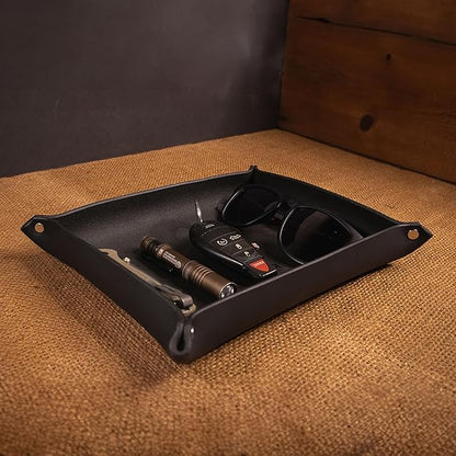 Valet Tray – Full-Grain Leather Catchall Organizer for Keys, Phone & Wallet – Rustic Nightstand & Desk Tray with Raised Sides – Handmade in USA (Black, Medium Rectangle)