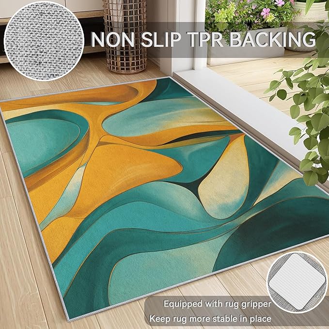 Abstract Rugs for Bedroom - Abstract Swirl Area Rug, 8x10 Rug, Yellow Blue Contemporary Rug & Home Decor, Modern Carpet & Room Decor, Washable Non Slip Anti Skid Rugs