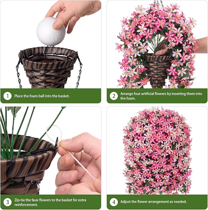 Artificial Flowers Plants for Outdoor with Basket, 4PCS Silk Hanging Faux Flowers Long Trailing Vines for Outside Home Porch Patio Decoration, Pink & Light Pink