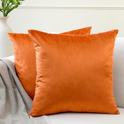 Encasa XO Velvet Throw Pillow Covers 20x20 in (50x50 cm) - Orange - Set of 2 No Inserts, Only Pack of 2 Cases | Soft Square Decorative Euro Shams Cushion Cover for Couch, Sofa