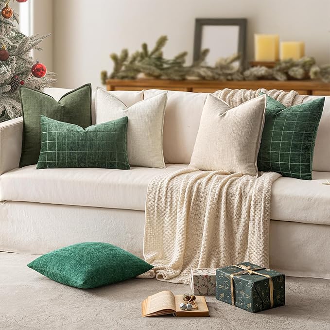 MIULEE Christmas Euro Sham Pillow Covers for Bed 24x24, 2 Pack Dark Green Thick & Textured Decorative Throw Pillow Covers, Neutral Linen Cushion Cases, Modern Farmhouse Home Decor, No Filling