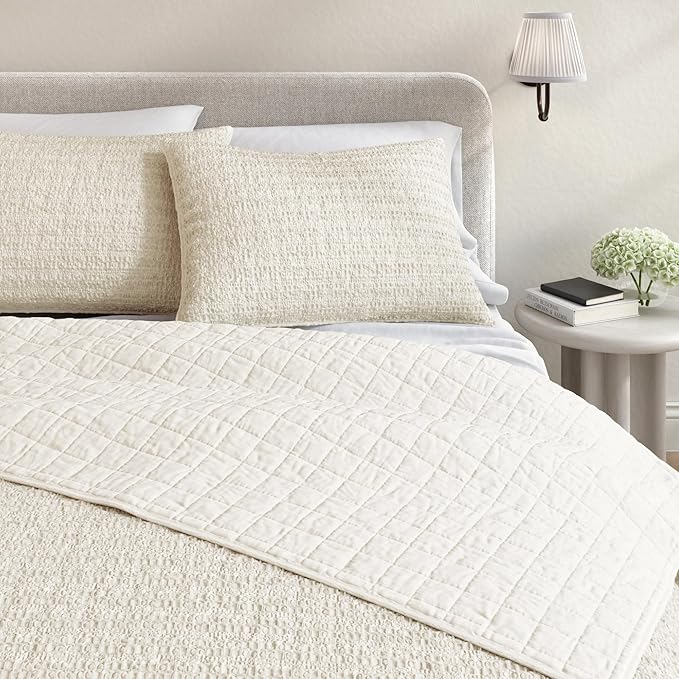 Great Bay Home Full/Queen Size Taupe 100% Cotton Honeycomb Waffle Quilt and Sham Set - Garment Washed, Waffle Weave Like Texture, Lightweight 3-Piece Bedding Set (Natural)