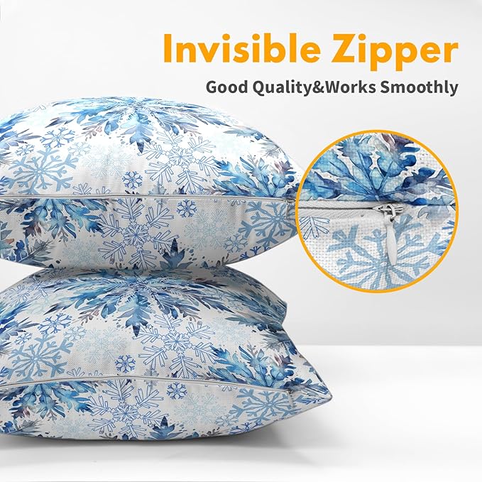 Christmas Pillow Covers 18x18 Set of 2 Decorations Blue White Snowflakes Throw Pillow Covers Decorative Vintage Winter Pillow Case Farmhouse Rustic Pillowcases Cozy Soft for Sofa Bed Chair Home Decor