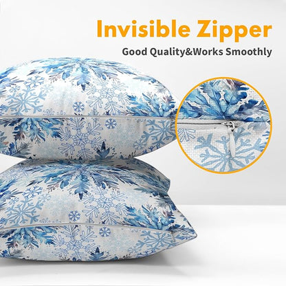 Christmas Pillow Covers 22x22 Set of 2 Decorations Blue White Snowflakes Throw Pillow Covers Decorative Vintage Winter Pillow Case Farmhouse Rustic Pillowcases Cozy Soft for Sofa Bed Chair Home Decor