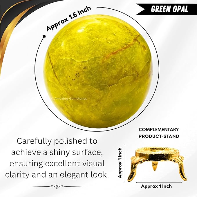 Amazing Gemstone Green Opal Crystal Ball with Stand - 1.5 Inches Crystal Sphere Meditation Balls for Witchcraft and Decorative Balls