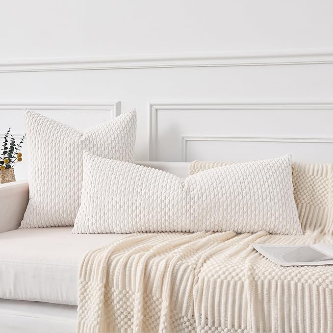 Kevin Textile 12x24 Inch Pillow Cover 1 Pack Boho Christmas Decorative Soft Striped Corduroy Lumbar Farmhouse Color Accent Rectangle Cushion Case for Living Room Couch Sofa Bed, Pure White