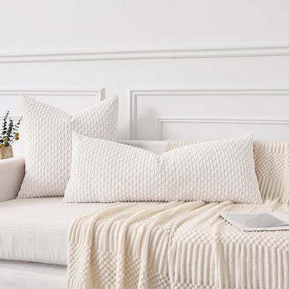 Kevin Textile 12x24 Inch Pillow Cover 1 Pack Boho Christmas Decorative Soft Striped Corduroy Lumbar Farmhouse Color Accent Rectangle Cushion Case for Living Room Couch Sofa Bed, Pure White