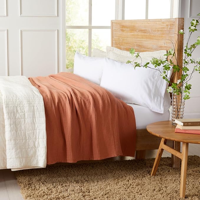 100% Cotton Muslin King Size Blanket | Soft, Breathable, and Lightweight Bed Blanket for All-Season | Perfect for Layering | Maria Collection (King, Rust)