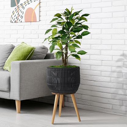 Casafield Indoor Planter with Stand, Black Floor Planter with Wood Legs, Large Plant Pot Cover with Liner for Houseplants, Flower Pots and Trees