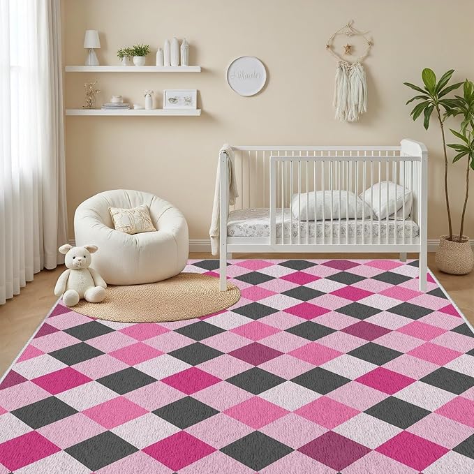 Diamond Checkered Rug 5x7, Soft Ultra Soft Faux Wool Abstract Geometric Rugs, Indoor Floor Mats Carpet, Non Slip&Non-Shedding Low Pile Washable Rugs, Modern Red Rug for Bedroom