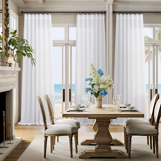 Pitalk White Linen Curtains 95 Inches Long 2 Panel Set for Living Room Back Tab Light Filtering Cotton Lace Textured Linen Sheer Curtains Drapes for Patio Door Doorway Playroom Bay Window 52x95 Length