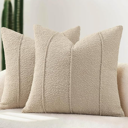 YCOLL Textured Boucle Throw Pillow Covers 18x18 Pack of 2 - Soft Neutral Striped Cushion Covers, Cozy Accent Decorative Pillow Covers for Couch, Sofa, Bed, Living Room (Oatmeal)