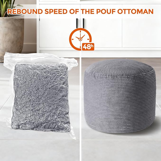 Pouf Ottoman Foot Rest, Comfortable & Soft, Round Footstool Ottoman for Living Room, Bedroom, Office, Room Decoration, Corduroy Foot Stool Pouf with Odorless & Anti-Clump Filling, Large Dark Grey