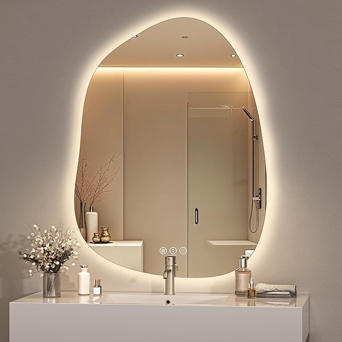 Hasipu Irregular Wall Mirror with Lights- 31"x24" Large Vanity Mirror with Anti-Fog, 3 Color Modes,Dimmable Light, Memory Function, Backlit Wall Mount, Horizontal/Vertical
