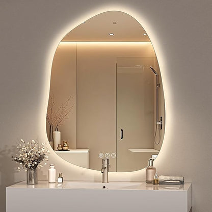 Hasipu Irregular Wall Mirror with Lights- 31"x24" Large Vanity Mirror with Anti-Fog, 3 Color Modes,Dimmable Light, Memory Function, Backlit Wall Mount, Horizontal/Vertical