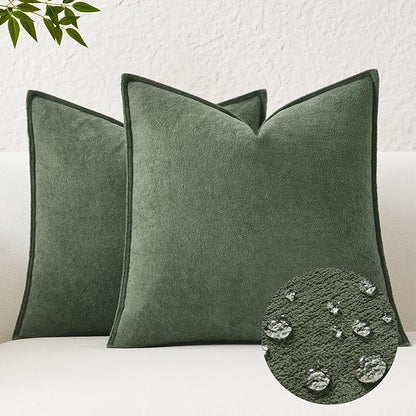 Kevin Textile Waterproof Decorative Pillow Covers Olive Green 16x16 Inch Pack of 2 Soft Boucle Textured Throw Pillowcases Elegant Accent Pillows for Couch Sofa Chair Bed Home Decor Indoor Outdoor