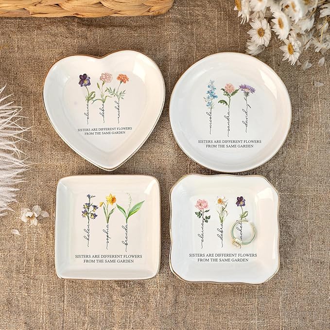 Sisters Are Different Flowers From The Same Garden Jewelry Dish, Custom Birth Month Flower Ring Dish, Birthday Christmas Gift for Sister Besties Sister-in-Law Long Distance Friendship