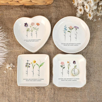 Sisters Are Different Flowers From The Same Garden Jewelry Dish, Custom Birth Month Flower Ring Dish, Birthday Christmas Gift for Sister Besties Sister-in-Law Long Distance Friendship