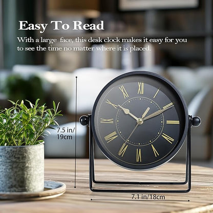 AYRELY® Vintage Black Metal Desk Clock,Battery Operated Mantel Clocks, Decorative Table Clocks with Adjustable Angle for Fireplace Farmhouse Shelf Living Room Décor (Black/Gold)