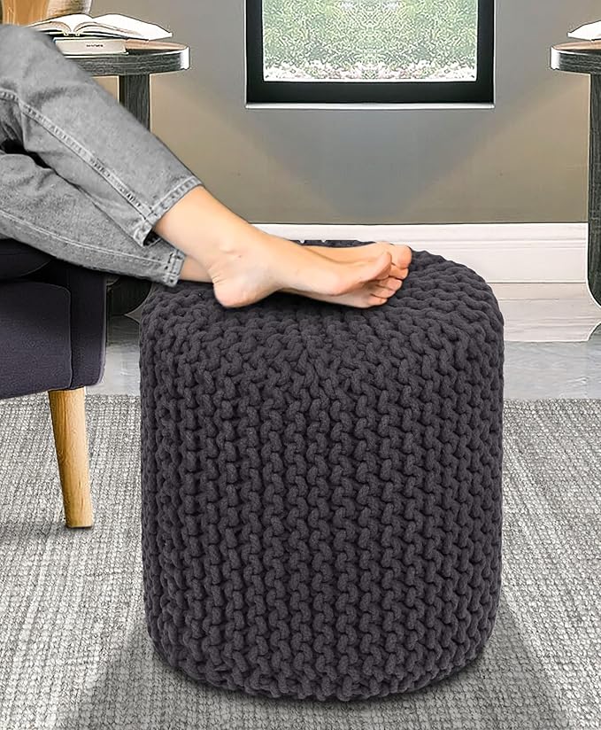 COTTON CRAFT Braided Round Pouf - Hand Knitted Cotton Cord Cable Dori Cylindrical Floor Pouf - Foot Stool Ottoman Footrest - Accent Seat - Living Room Bedroom Dorm Décor - 15 Round x 16 H - Grey