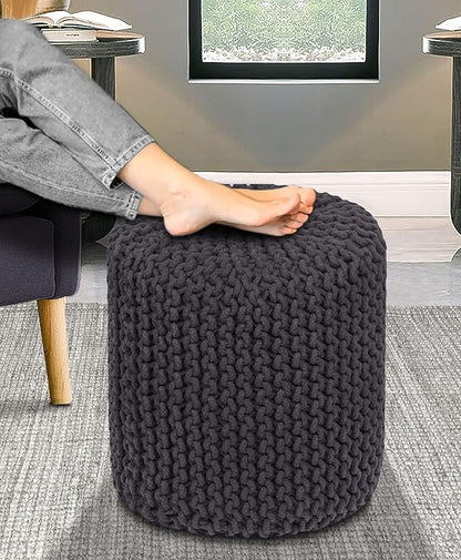 COTTON CRAFT Braided Round Pouf - Hand Knitted Cotton Cord Cable Dori Cylindrical Floor Pouf - Foot Stool Ottoman Footrest - Accent Seat - Living Room Bedroom Dorm Décor - 15 Round x 16 H - Grey
