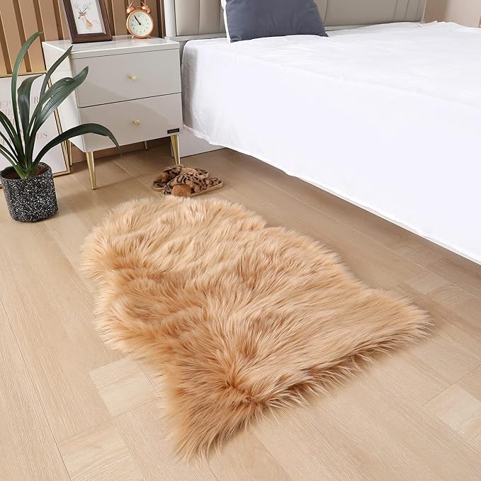 Faux Fur Small Rug 2 x 3 ft Brown Shaggy Sheepskin Machine Washable Fuzzy Area Rug Super Soft Fluffy Plush Carpet for Bedroom Living Room Floor Nursery Kids Room Bedside Rug