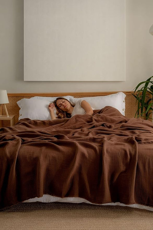 Muslin Blanket - Pure 100% Turkish Cotton Airy Soft Light Versatile Gauze Throw Blanket for Bed, Couch, Sofa (Dark Brown, Queen XL Size (95" x 95" inch))
