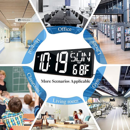 Large Digital Wall Clock with Remote Control 17.2" LED Large Display Timer with Temperature Date Week Auto DST Adjustable Brightness, Big Wall Alarm Clock for Living Room Office Garage Gym Seniors