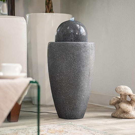 XBrand 26" Modern Sphere Water Fountain with LED Light – Indoor Outdoor Stone Texture Floor Fountain, Zen Bubbling Ball Water Feature for Garden Patio Porch - Gray