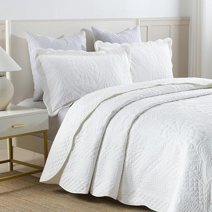 MarCielo 3-Piece 100% Cotton Oversized Bedspread Lightweight Quilt Coverlet Embroidery Farmhouse Bedding (Tf Bright White, Oversized King (118"x106"))