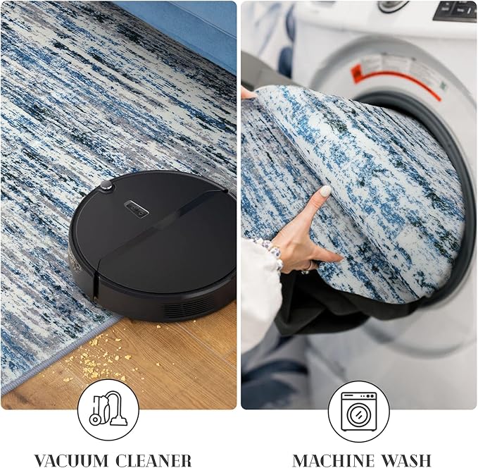 Modern Abstract Runner Rug 3x10, Grey Blue White Washable Kitchen Runner Non-Slip Soft Hallway Rug Runner Thin Print Faux Wool Carpet for Entryway Bedroom Laundry Room Indoor Home Office Decor