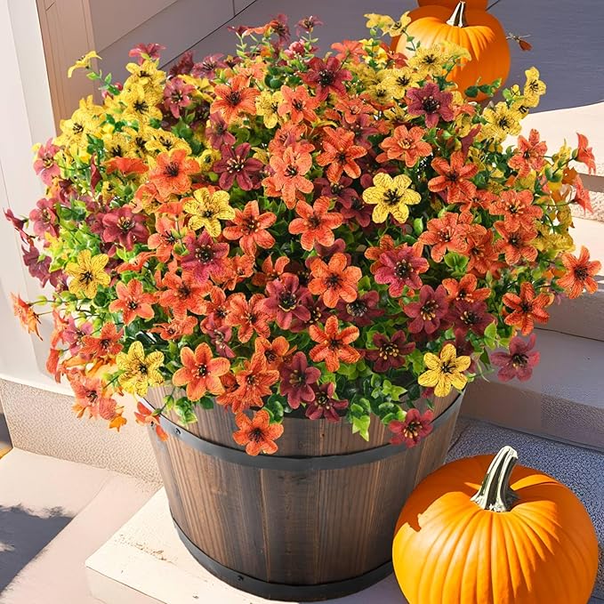 Artificial Flowers for Outdoors Fake Plants Spring Home Decoration, 12 Bundles Realistic Faux Flower Daisy with Eucalyptus Stem UV Resistant for Patio Planter Porch Yard (Yellow Brown Orange)
